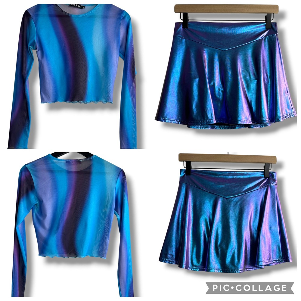 Motel & Club Exx Festival Set Womens S/M Blue Purple Mesh Top Metallic Skort